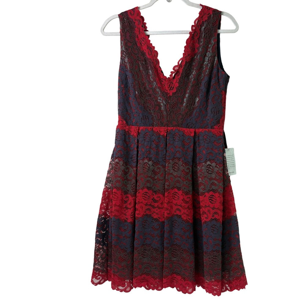 NSR Lace Fit and Flare Dress Women L Red Navy Blue V-Neck Cocktail Fairy NWT